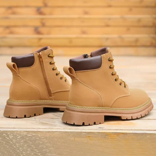 Vista 7 de JABASIC Botines de cuero para mujer, tacón bajo, con cordones, botas de combate, botas de trabajo de moda para exteriores