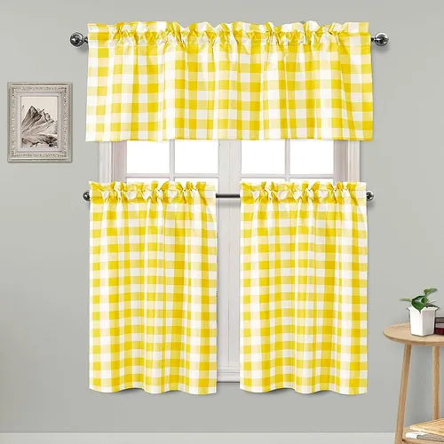Vista 17 de Hiasan - Juego de cortinas semitraslúcidas a cuadros con cenefa y paneles de cocina, filtro de luz Buffalo a cuadros, color aguamarina y blanco