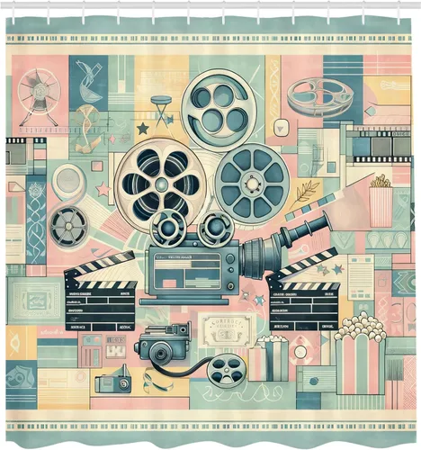Vista 4 de Ambesonne Cortina de ducha para amantes del cine, obra de arte cinéfilo de película retro con ruedas y tablilla, juego de decoración de baño de tela