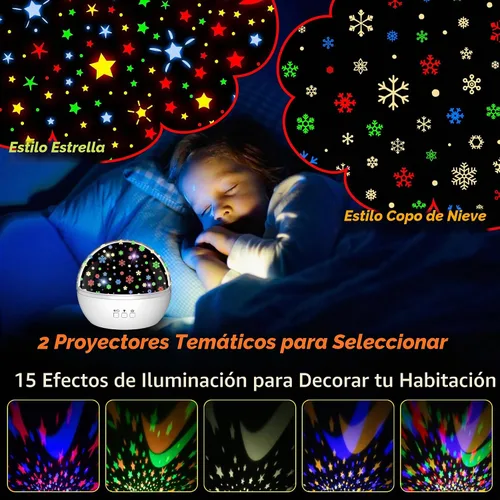 Vista 3 de Proyector de luces de copo de nieve de Navidad para interiores Luz nocturna de nieve y proyector de estrellas para niños Luz nocturna de Navidad