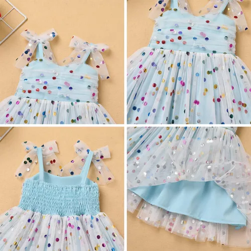 Vista 5 de IMEKIS Vestido de princesa de cumpleaños para niña pequeña, confeti brillante, bohemio, arco iris, pastel, sesión de fotos, traje para 1-6T