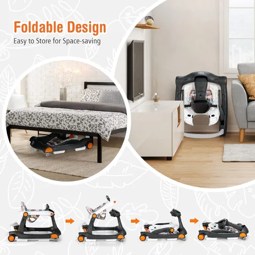 Vista 6 de BABY JOY Andador de bebé 2 en 1, caminador de actividad plegable con altura y velocidad ajustables, música, luces, espejos, cojín de asiento