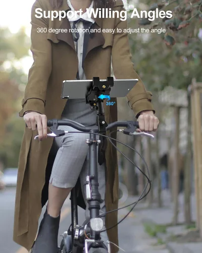 Vista 5 de Soporte de aluminio para tableta de bicicleta giratoria, abrazadera para manillar, soporte para tableta para bicicleta de ejercicio, cinta de correr