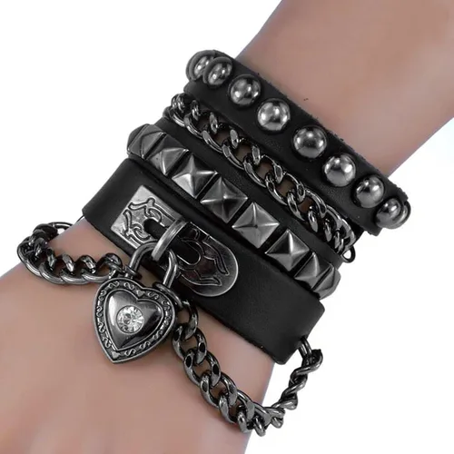 Vista 2 de Rivet Bracelet Multilayer Black Leather Cuff Heart Pendant Bangle Studded Chain Wrist Punk Sports Rock Bracelet Adjustable