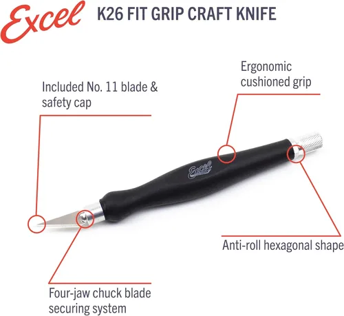 Vista 3 de Excel Blades Fit Grip - Cuchillo de manualidades con hoja en ángulo de acero al carbono ultra afilada #11 - Cuchillo de precisión con agarre de goma