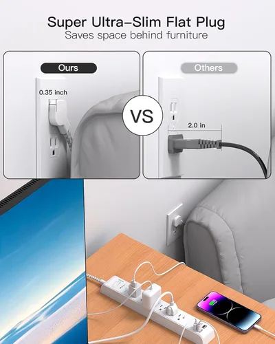 Vista 3 de Paquete de 2 regletas protectoras de sobretensión, 6 tomas, 4 puertos de carga USB, cable de extensión trenzado de 5 pies, enchufe plano, protección