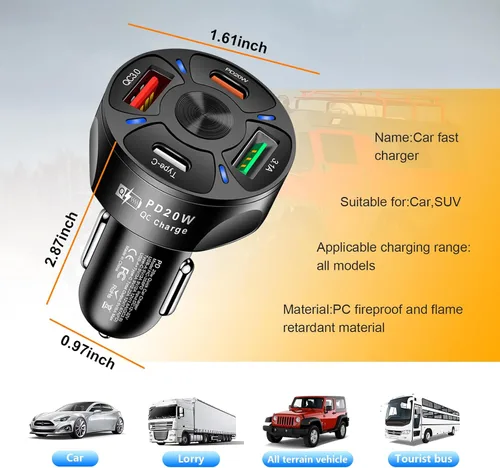 Vista 2 de Augeny Cargador de carga rápida para automóvil de 4 puertos, adaptador de encendedor de cigarrillos, carga automática súper rápida con QC 3.0, PD