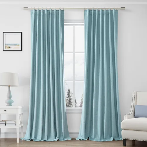 Vista 42 de Joywell - 2 cortinas de lino 100% opacas, con bolsillo para cortinero, trabilla trasera, cinta para ganchos y anillas con clip, con aislamiento