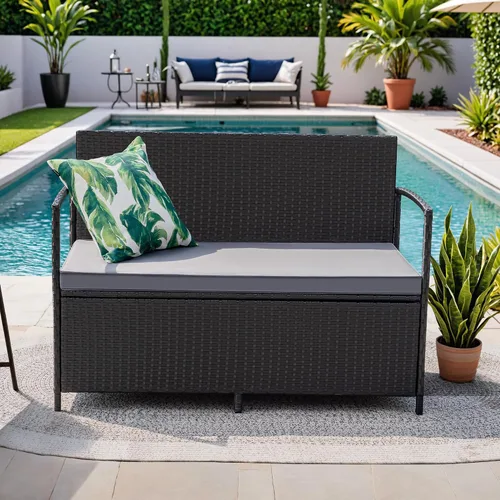 Vista 2 de Greesum Patio Loveseat PE Rattan mimbre muebles al aire libre, negro y gris