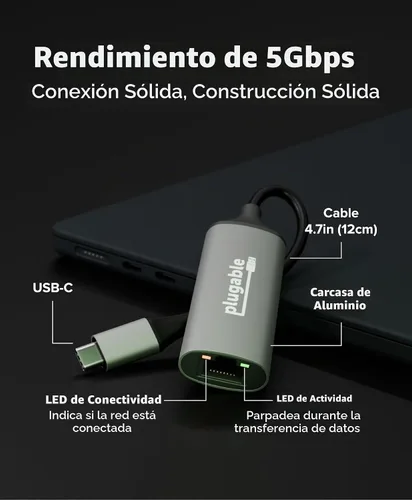 Vista 2 de Plugable Adaptador USB-C a Ethernet, Windows/macOS/ChromeOS