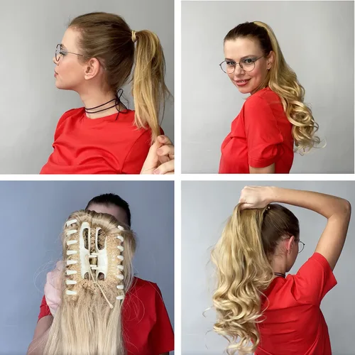 Vista 6 de Prettyshop - Extensión de cola de caballo de 24 pulgadas con clip, larga, voluminosa, ondulada, resistente al calor, color negro H63