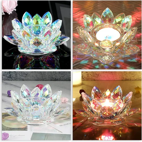 Vista 5 de OwnMy Portavelas de Luz de Té con Flor de Loto de Cristal, Portavelas Votivo de Pétalos de Loto, Lámpara de Velas, Soporte de Velas de Té de Flor