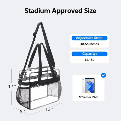 Vista 3 de Bolsa transparente para eventos de estadio, bolsa transparente con correa extraíble, bolsa transparente para estadios deportivos y trabajo
