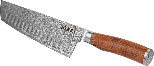 Vista 2 de Route83 Signature Kamo Texas Cuchillo de chef hecho a mano martillado Damasco nogal americano