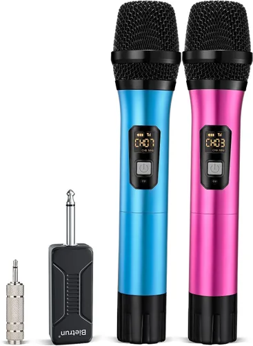 Vista 10 de Bietrun Micrófono inalámbrico, juego profesional de micrófonos UHF de metal, de mano, doble, inalámbrico, dinámico, con receptor recargable, salida