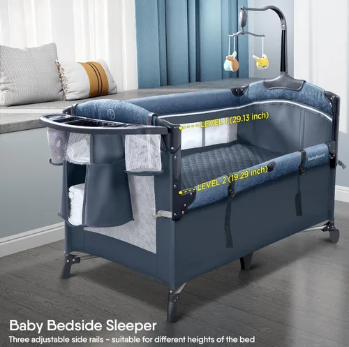 Vista 4 de BabyBond Cuna para bebé, cuna de noche, paquete y juego con sábana, cambiador de pañales y móvil de música desde recién nacidos hasta niños