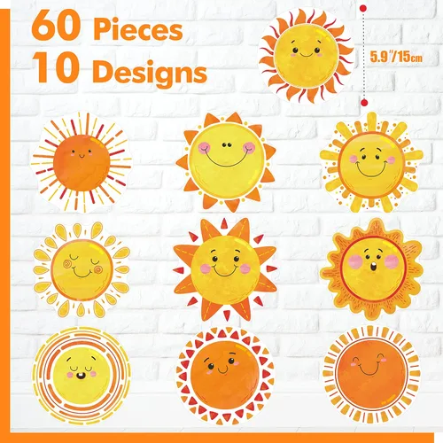 Vista 2 de 60 piezas de recortes de sol, 10 diseños de decoración de tablón de anuncios, recortes de sol, manualidades, proyectos de primavera, verano