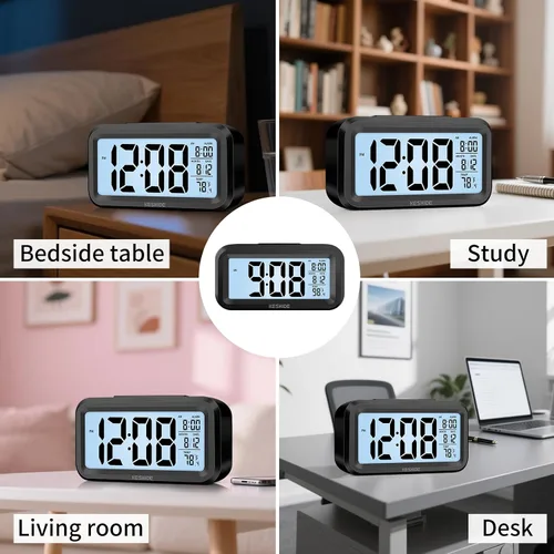 Vista 7 de Reloj despertador digital a pilas con temperatura interior, reloj pequeño de escritorio, modelo de repetición, pantalla de 12/24 horas para Negro