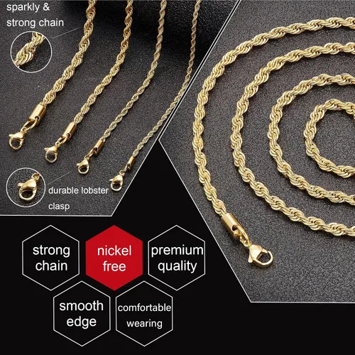 Vista 6 de Cadena de cuerda chapada en oro real de 18 quilates, 0.059 a 0.098 a 0.197 pulgadas, acero inoxidable, cadena trenzada, collar para hombres