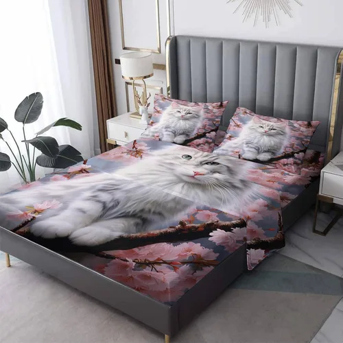 Vista 10 de Juego de sábanas de tamaño individual para gatos, sábanas de microfibra suave, bolsillo profundo, sábanas y fundas de almohada estampadas sin