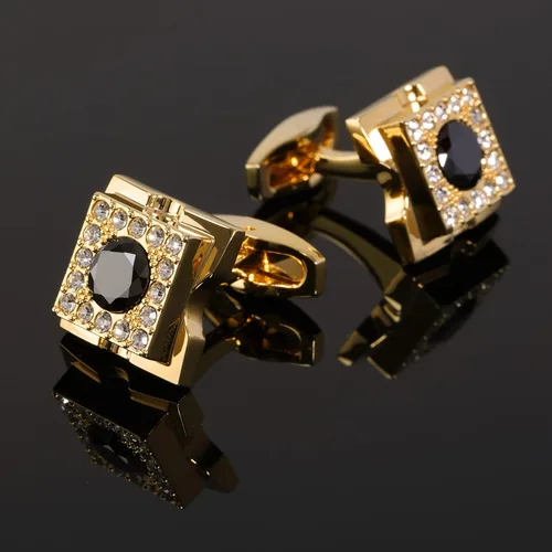 Vista 4 de Sogee Gemelos chapados en oro de 18 quilates de cristal negro para hombre, cuadrados, elegantes, gemelos para negocios, bodas, fiestas, regalo único