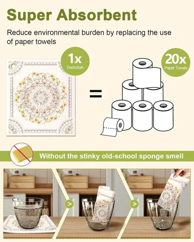 Vista 4 de Miss Adola 6 unidades de paños suecos para cocina - paños reutilizables para lavar platos, toallas de cocina absorbentes, lindas y divertidas, Bohemi
