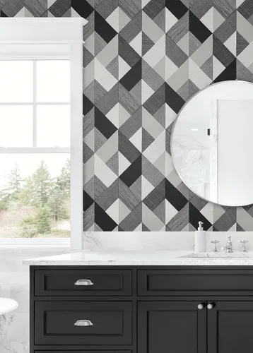 Vista 7 de NextWall Stacy Garcia Home Marquetry Papel tapiz geométrico para despegar y pegar (Greystone)