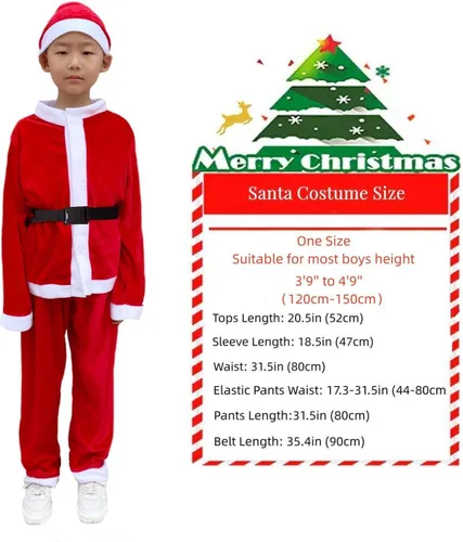 Vista 6 de Disfraz de Papá Noel para niños, traje de Papá Noel, traje de 4 piezas, disfraces de Navidad para niños, vacaciones, cosplay, vestido de fiesta