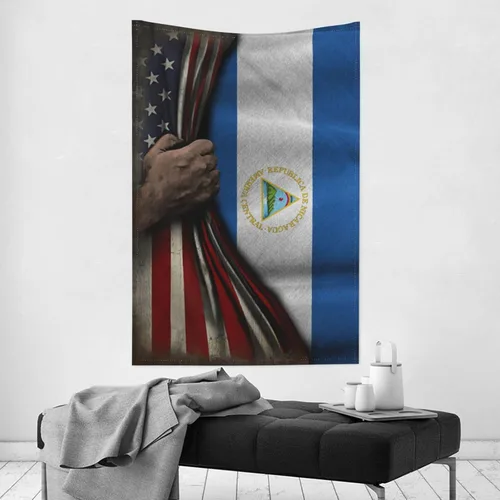 Vista 4 de Tapiz de mitad de bandera estadounidense y mitad de bandera de Nicaragua, 60 x 40 pulgadas, divertido tapiz estético, arte de pared para dormitorio