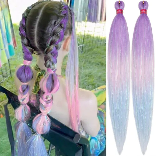 Vista 20 de Cabello trenzado verde con lentejuelas de 26 pulgadas, preestirado, trenzas de textura Yaki, extensiones de cabello pre plumadas, 3 paquetes, fácil