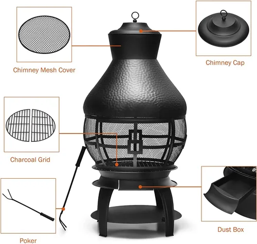 Vista 2 de SAFSTAR Chiminea de hierro fundido para exteriores, chimenea de madera con póquer de fuego, cubierta de malla ignífuga de 360°, hoguera de leña