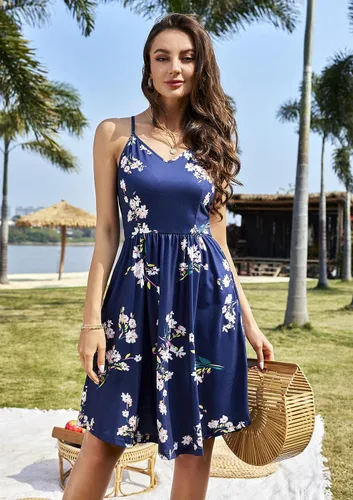 Vista 2 de KILIG - Vestido de verano casual para mujer por debajo de la rodilla, abotonado, con tirantes delgados y bolsillos