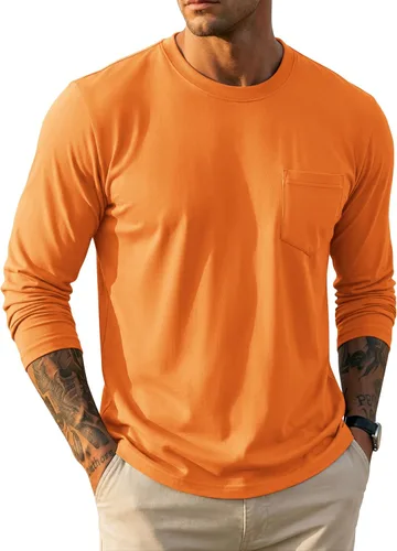 Vista 24 de MAGCOMSEN Camisa de manga larga para hombre con bolsillo, de algodón, cuello redondo, casual, ligera