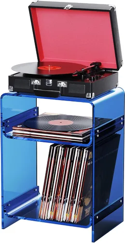 Vista 23 de Mesa de tocadiscos de acrílico con estante de almacenamiento, mesa auxiliar transparente mesita de noche (negro, mediano)