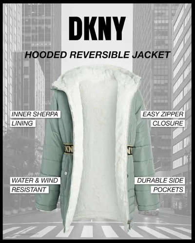 Vista 3 de DKNY Chaqueta reversible con capucha para niñas, abrigo acolchado de nailon o forro de sherpa
