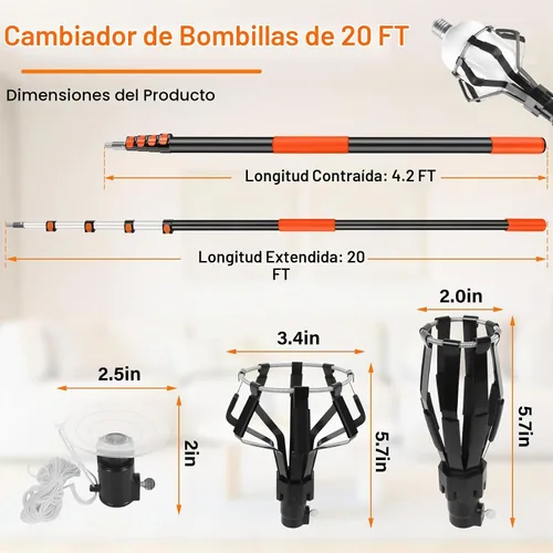 Vista 2 de Cambiador de bombilla para techos altos con poste de extensión de 20