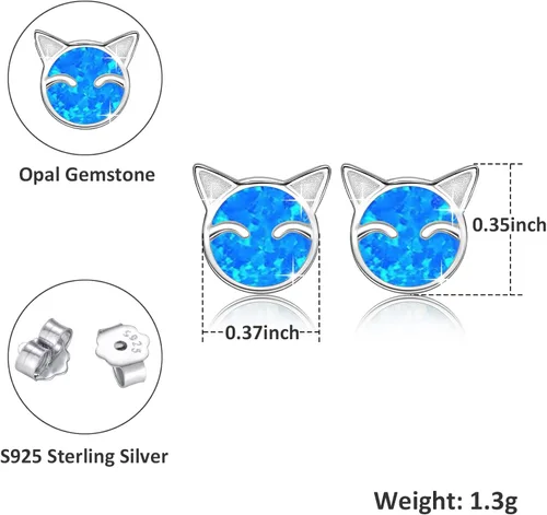 Vista 2 de YZSFMZGE Blue White Opal Cat Stud Earrings Necklace, 925 Sterling Silver Cat Opal Stud Earrings Necklace for Women Cute Cat Jewelry for Girls