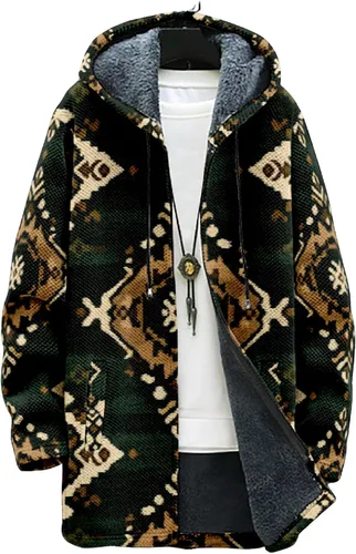 Vista 11 de Chaqueta de forro polar con capucha para hombre, con estampado azteca, de algodón pesado, con cremallera, manga larga, chaqueta con capucha