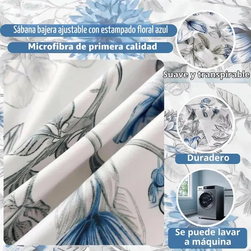 Vista 2 de SDIII Sábana bajera ajustable azul floral individual con 2 fundas de almohada, no incluye sábana encimera, microfibra suave azul vintage, sábanas