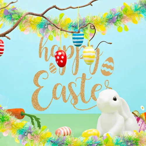 Vista 6 de Guirnalda de oropel de Pascua de 33 pies con diseño de huevo de Pascua metálico con confeti, guirnalda colgante de primavera, decoración para árbol