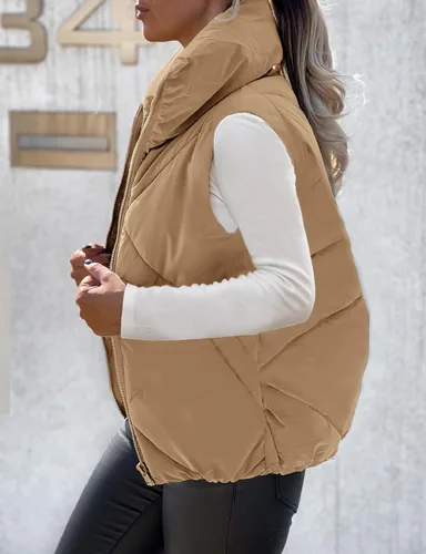 Vista 2 de MEROKEETY Chaleco acolchado sin mangas con cremallera para mujer, con cuello alto, con bolsillos