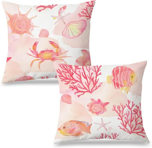 Vista 29 de Fundas de almohada costeras de langosta, fundas de almohada náuticas de langosta roja de Nueva Inglaterra con rayas azules y blancas para casa