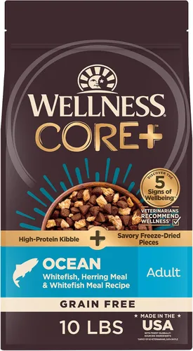 Vista 19 de Wellness CORE+ Alimento seco para perros adultos con trozos liofilizados, croquetas sin granos, natural, alto en proteínas, sin pollo, pescado