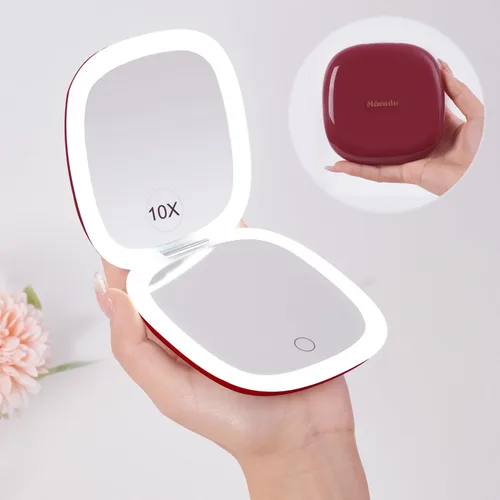 Vista 11 de Mocado Espejo de maquillaje compacto LED con aumento para viajes - 4 pulgadas 1X/10X de aumento, pequeño de bolsillo, doble cara, regulable, USB