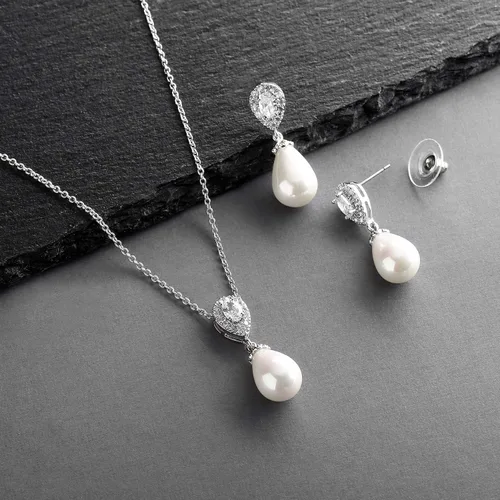 Vista 6 de Mariell Juego de collar y aretes de novia con gota de perlas con cristales de circonita cúbica para bodas, regalo del día de la madre, Metal Gema