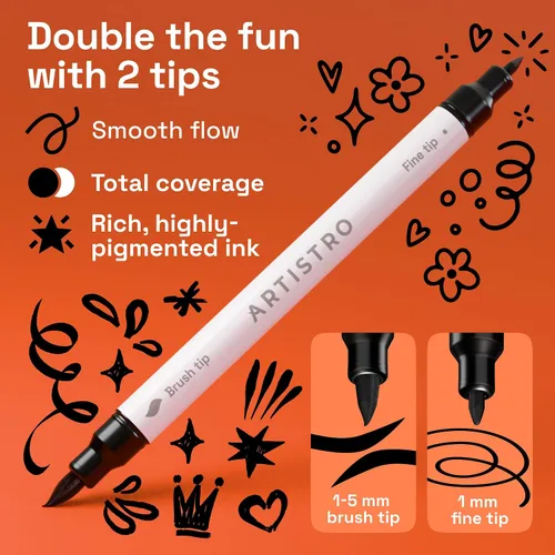 Vista 2 de ARTISTRO 5 marcadores de pintura acrílica negra, bolígrafos de pintura de doble punta + pincel fino ideal para caligrafía, perfectos para tela