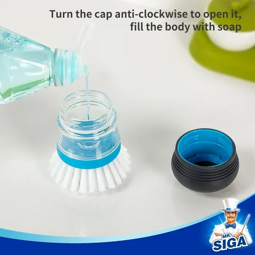 Vista 4 de MR.SIGA Cepillo dispensador de jabón, cepillo de cocina para limpiar platos, ollas, sartenes, fregaderos, paquete de 1, azul marino y azul