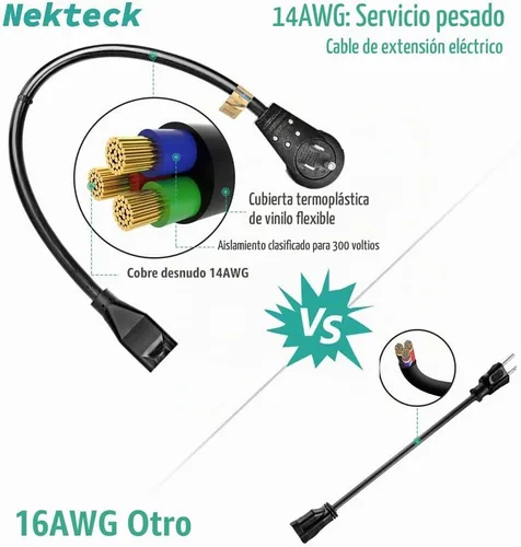 Vista 6 de Nekteck - Cable de extensión de 1 pie de enchufe plano giratorio de 360°, cable de alimentación de 3 clavijas 14AWG/15A, cable de alimentación