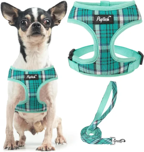 Vista 78 de PUPTECK Juego de arnés y correa de malla suave para perro, cachorro y gato, cómodo chaleco acolchado sin tirones, azul Pascua, S