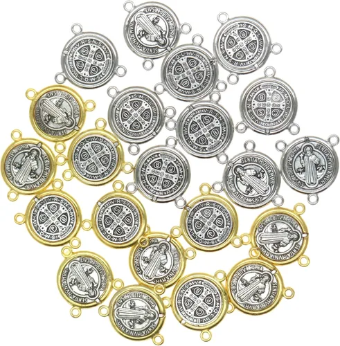 Vista 2 de 40 dijes de medalla antigua de San Benito de Nursia, patrón contra el mal, para hacer collares, pulseras, aretes, joyería, Metal, No es una piedra
